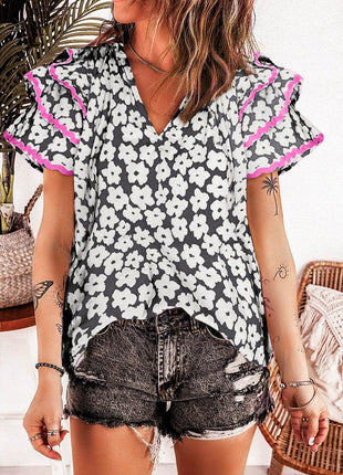 Printed V-Neck Flounce Sleeve Blouse - MimiStylez