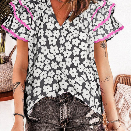 Printed V-Neck Flounce Sleeve Blouse - MimiStylez