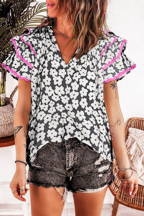 Printed V-Neck Flounce Sleeve Blouse - MimiStylez