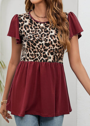 Leopard Round Neck Flutter Sleeve Babydoll Blouse - MimiStylez