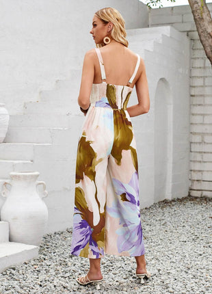 Cutout Printed Wide Strap Jumpsuit - MimiStylez