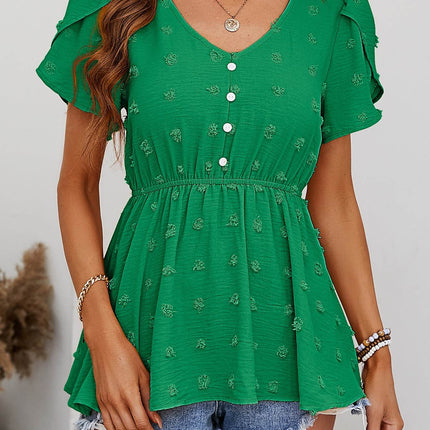 Swiss Dot Buttoned Petal Sleeve Peplum Blouse - MimiStylez