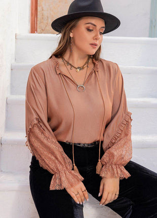 Plus Size Tie Neck Flounce Sleeve Blouse - MimiStylez