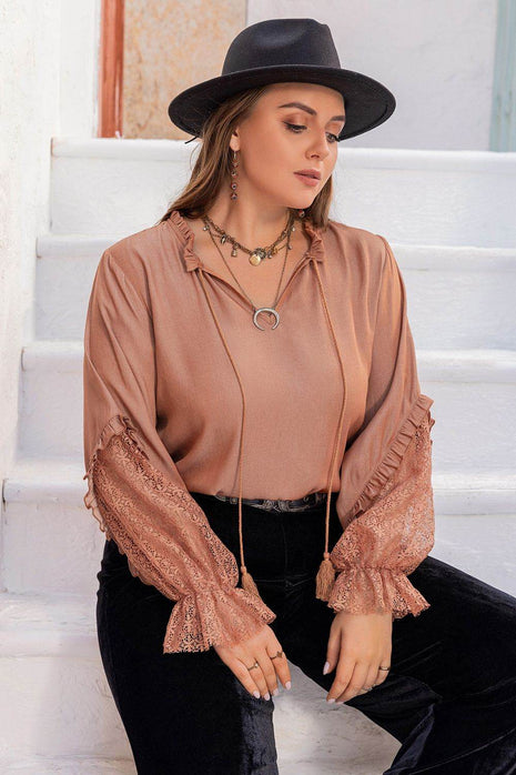 Plus Size Tie Neck Flounce Sleeve Blouse - MimiStylez