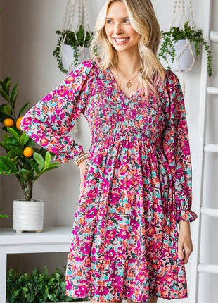Floral Smocked V-Neck Flounce Sleeve Dress - MimiStylez