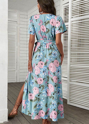 Floral Tie-Waist Slit Surplice Maxi Dress - MimiStylez