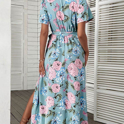 Floral Tie-Waist Slit Surplice Maxi Dress - MimiStylez
