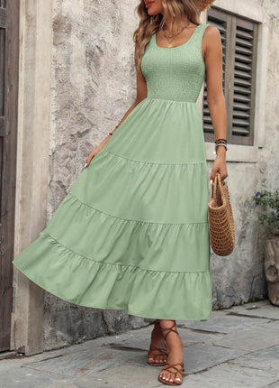 Smocked Scoop Neck Sleeveless Tank Dress - MimiStylez