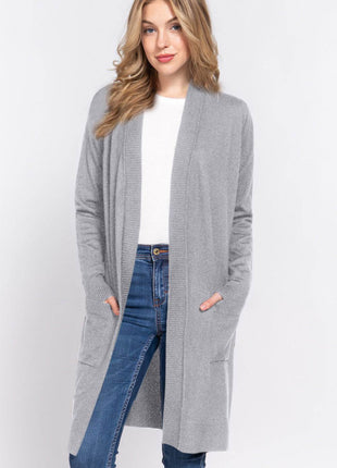 ACTIVE BASIC Open Front Rib Trim Long Sleeve Knit Cardigan - MimiStylez