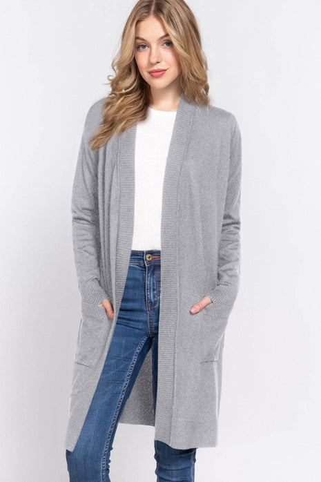 ACTIVE BASIC Open Front Rib Trim Long Sleeve Knit Cardigan - MimiStylez