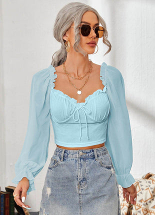 Mesh Sweetheart Neck Flounce Sleeve Top - MimiStylez