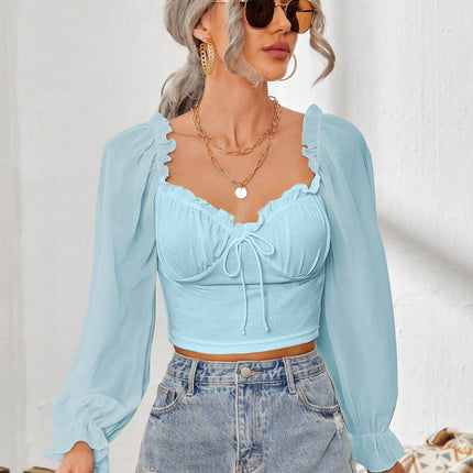 Mesh Sweetheart Neck Flounce Sleeve Top - MimiStylez