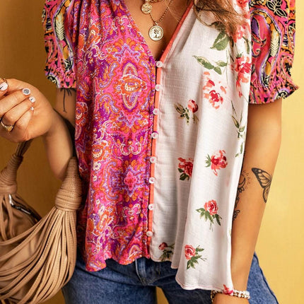 Printed V-Neck Short Sleeve Blouse - MimiStylez