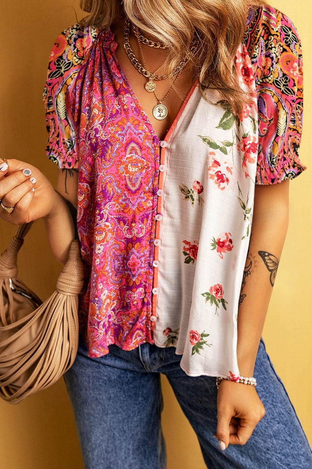 Printed V-Neck Short Sleeve Blouse - MimiStylez