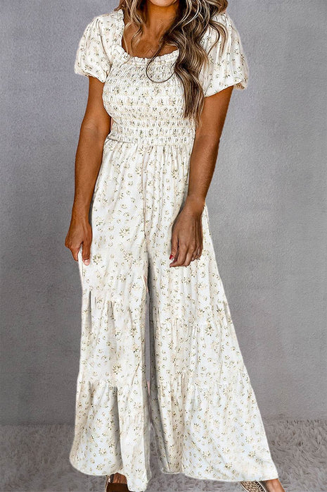 Smocked Printed Short Sleeve Jumpsuit - MimiStylez