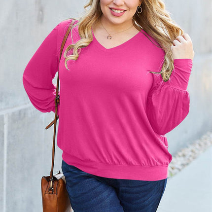 Basic Bae Full Size V-Neck Lantern Sleeve Blouse - MimiStylez