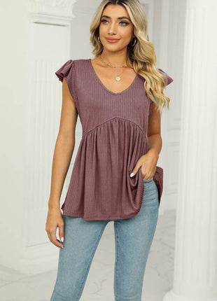 V-Neck Flutter Sleeve Babydoll Blouse - MimiStylez