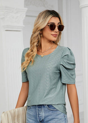 Eyelet Puff Sleeve Round Neck Blouse - MimiStylez