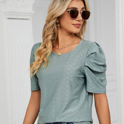 Eyelet Puff Sleeve Round Neck Blouse - MimiStylez