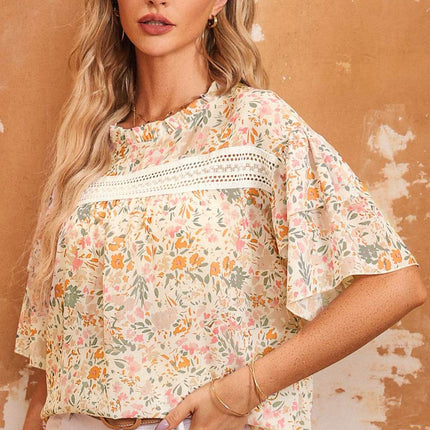Floral Round Neck Short Sleeve Blouse - MimiStylez
