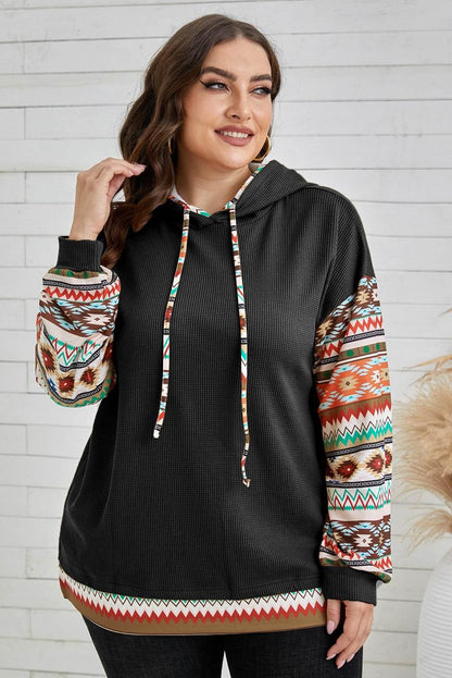Plus Size Waffle-Knit Geometric Dropped Shoulder Hoodie - MimiStylez