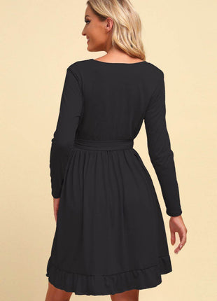 Long Sleeve Tie Waist Ruffle Hem Dress - MimiStylez