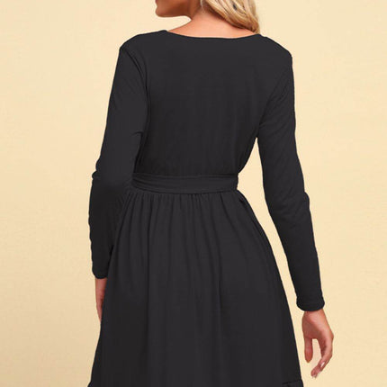Long Sleeve Tie Waist Ruffle Hem Dress - MimiStylez