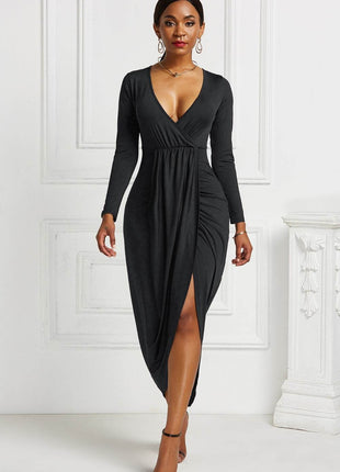 High-low Ruched Surplice Long Sleeve Dress - MimiStylez