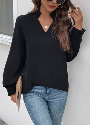 Smocked Notched Long Sleeve Blouse - MimiStylez