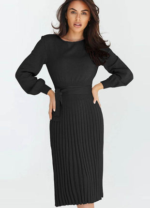Round Neck Long Sleeve Pleated Sweater Dress - MimiStylez