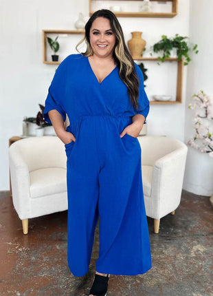 Double Take Full Size Surplice Wide Leg Jumpsuit with Pockets - MimiStylez