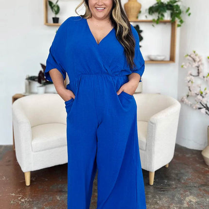 Double Take Full Size Surplice Wide Leg Jumpsuit with Pockets - MimiStylez