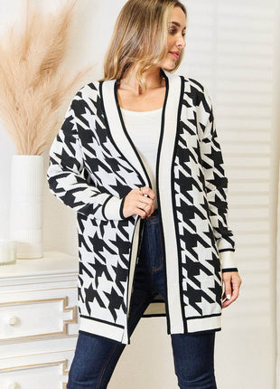 Woven Right Houndstooth Open Front Longline Cardigan - MimiStylez