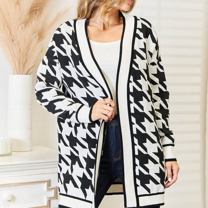 Woven Right Houndstooth Open Front Longline Cardigan - MimiStylez