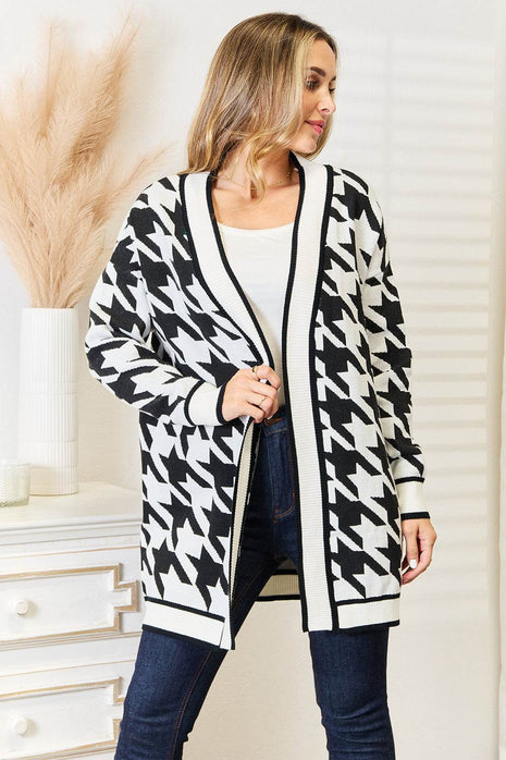 Woven Right Houndstooth Open Front Longline Cardigan - MimiStylez