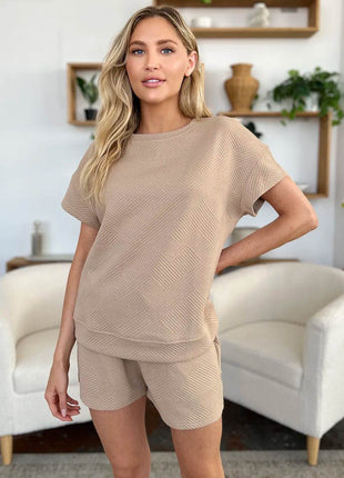 Double Take Full Size Texture Short Sleeve T-Shirt and Drawstring Shorts Set - MimiStylez