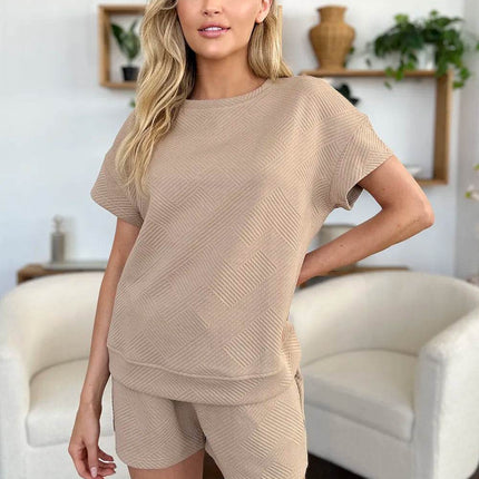 Double Take Full Size Texture Short Sleeve T-Shirt and Drawstring Shorts Set - MimiStylez