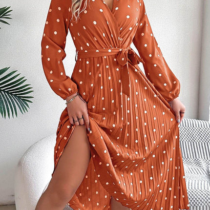 Tied Polka Dot Long Sleeve Midi Dress - MimiStylez