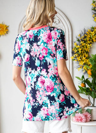 Heimish Full Size Floral V-Neck Short Sleeve T-Shirt - MimiStylez