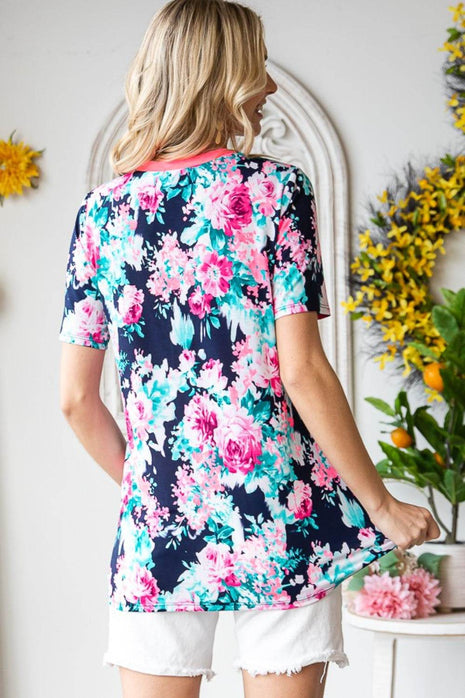 Heimish Full Size Floral V-Neck Short Sleeve T-Shirt - MimiStylez
