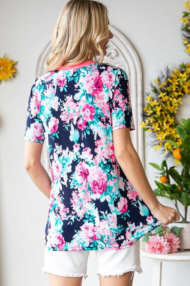 Heimish Full Size Floral V-Neck Short Sleeve T-Shirt - MimiStylez