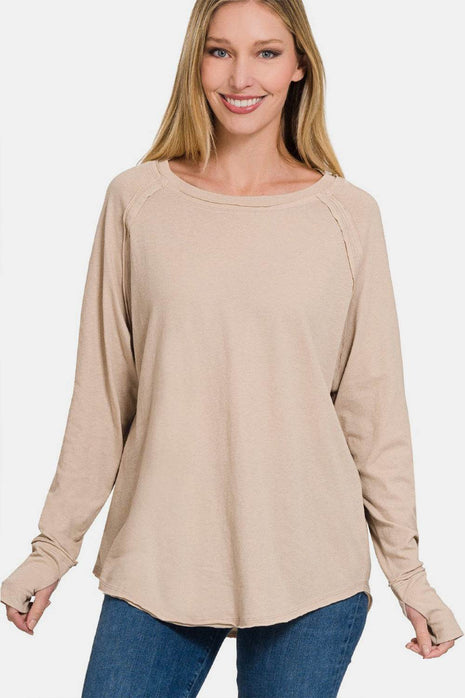 Zenana Round Neck Thumbhole Long Sleeve Top - MimiStylez