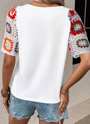 Geometric Round Neck Short Sleeve Blouse - MimiStylez