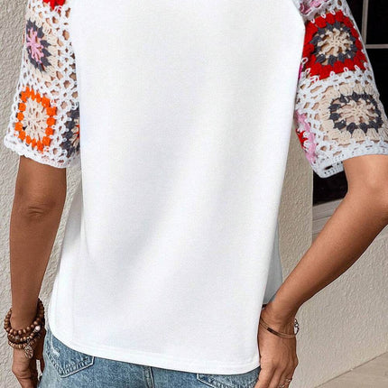 Geometric Round Neck Short Sleeve Blouse - MimiStylez