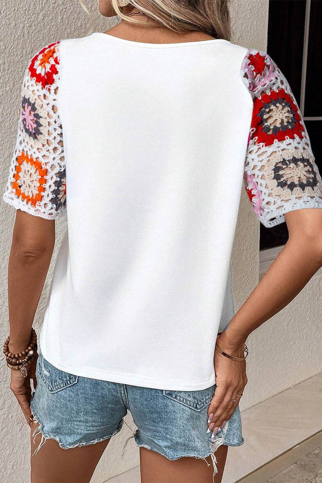 Geometric Round Neck Short Sleeve Blouse - MimiStylez