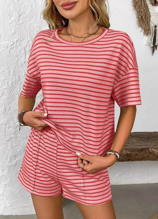 Striped Round Neck Short Sleeve Top and Shorts Set - MimiStylez