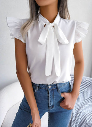 Tie Neck Cap Sleeve Blouse - MimiStylez