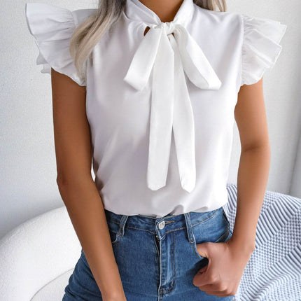 Tie Neck Cap Sleeve Blouse - MimiStylez
