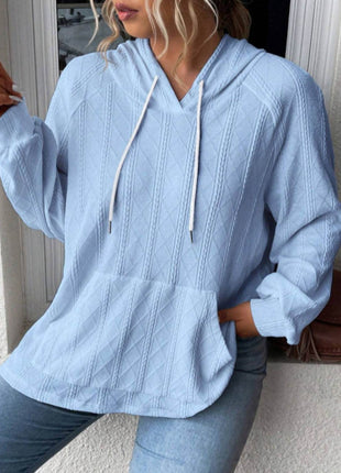 Textured Drawstring Kangaroo Pocket Hoodie - MimiStylez