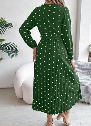Tied Polka Dot Long Sleeve Midi Dress - MimiStylez